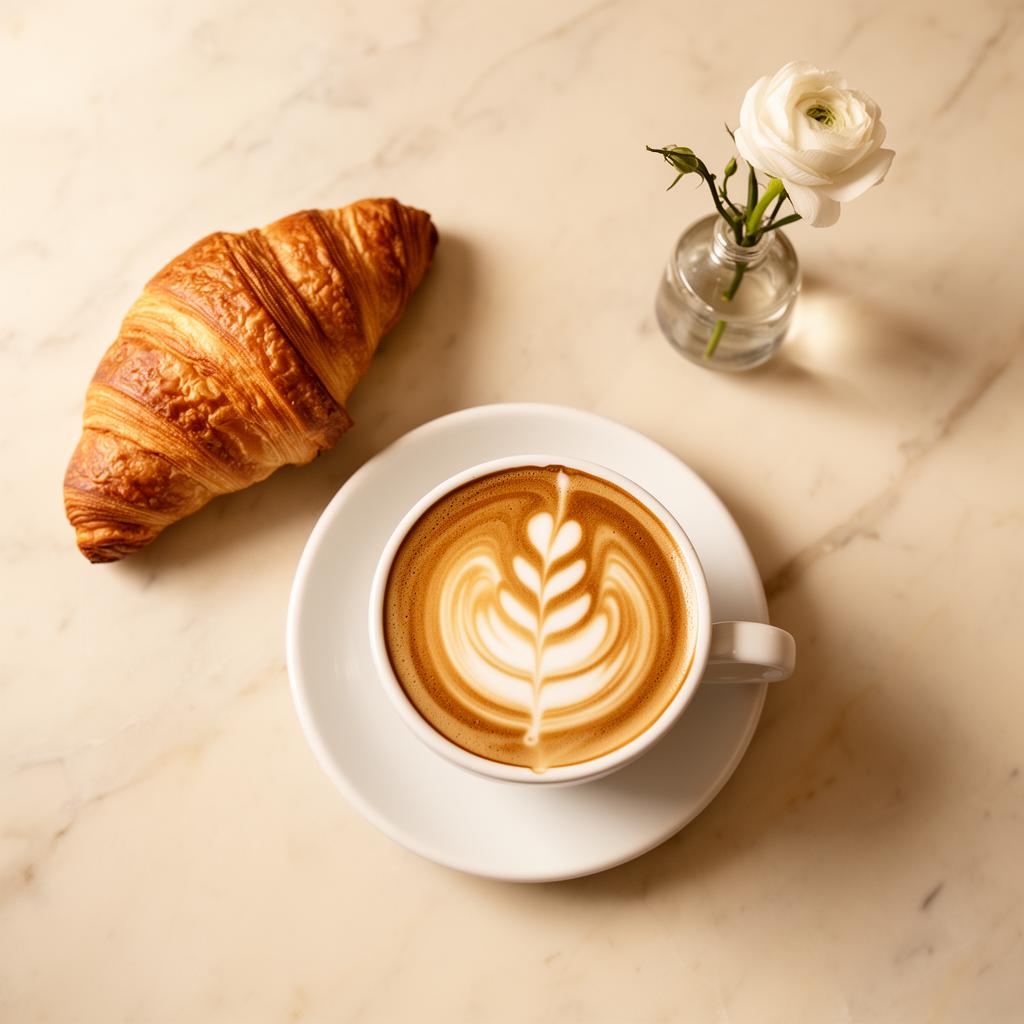 Latte mit Latte Art und Croissant auf Marmor
